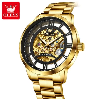 HO-6728.g.zw : Olevs automatisch & mechanisch edelstalen goudkleurig Tourbillon horloge, zwarte urenaanduiding, skeleton kast met goudkleurig binnenwerk