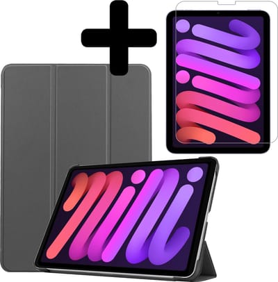Hoesje - Geschikt voor Apple iPad Mini 6 (2021) - 8.3 inch - 6e Generatie - Met Screenprotector - Hardcover Book Case - Trifold Bookcase Hoes - Hard Cover - Tablethoes - Grijs