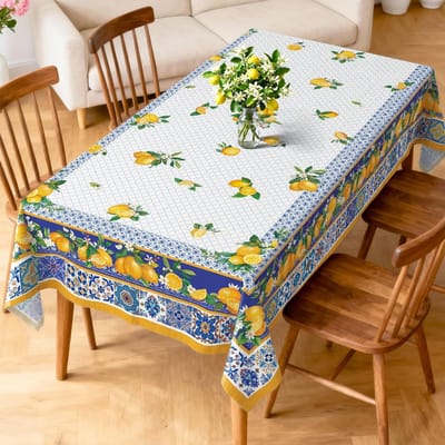 Zomer Citroenbloemen Print Rechthoekige Tafelkleed voor Tafel Decoratie Blauwe Tegels Citroen Keuken Eettafelkleed Feestdecoraties 140x140cm