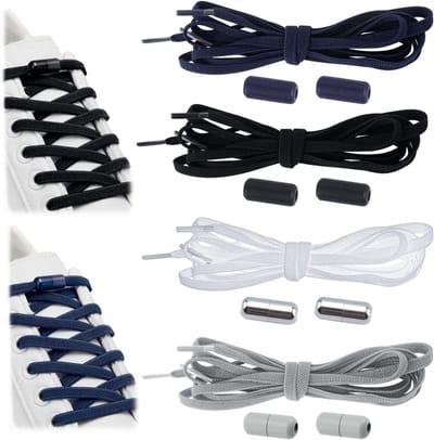 No Tie Elastische Veters - 4 Paar in 4 Kleuren met Capsulevormige Metaalgesp - Geschikt voor Kinderen en Volwassenen - Zwart, Wit, Grijs, Marineblauw - Comfortabel en Praktisch
