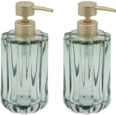 5five Zeeppompje / zeepdispenser Florea - 2x - groen transparant - 300 ml - Luxe stijl bewerkt glas - badkamer - keuken - toilet
