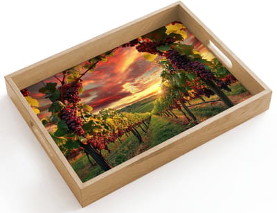 Dienblad hout 40x30 cm - Schootdienblad - Wijngaard - Druiven - Zonsondergang - Borrelplank rechthoek - Plateau dienbladen