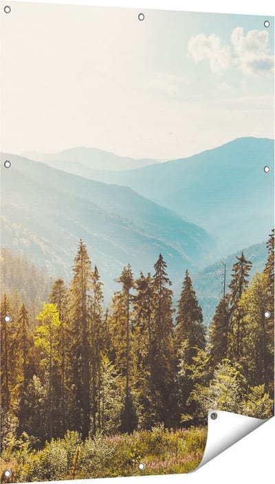 Gards Tuinposter Bos met Bomen in de Hoge Bergen - 80x120 cm - Tuindoek - Tuindecoratie - Wanddecoratie buiten - Tuinschilderij