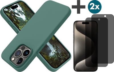 Hoesje met Privacy Screenprotectors 2 Stuks Geschikt voor iPhone 15 Pro Hoesje Siliconen - liquid case - Arara Backcover - Groen