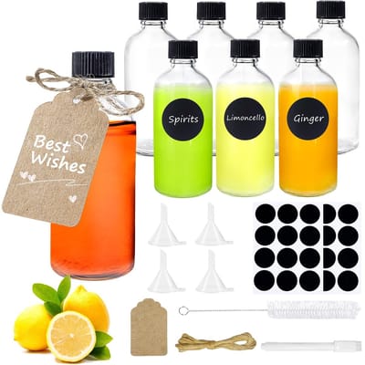 Dailygoods- Shotflesjes 100ml - 8 Stuks - Glazen Flessen met Schroefdop - Inclusief Trechters en Etiketten - Duurzaam en Vaatwasserbestendig - Luchtdicht
