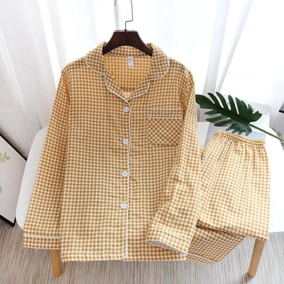 Nieuwe Koppel Pyjama's Lange Mouwen Broek Tweedelig Katoen Gaas Eenvoudig Ruitjes Huispak voor Mannen en Vrouwen XL brown