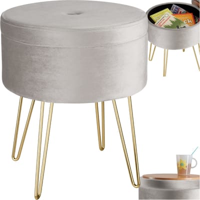 tectake® Kruk met opbergruimte - Ronde poef van fluweelstof - Tot 300 kg belastbaar - Gewatteerd - Afneembare deksel - Groot opbergvak - Goudkleurige poten - Afmeting (ØxH) 37,5 x 44,5 cm - Lichtgrijs