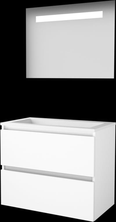 Basic-Line Economic 46 Badkamermeubelset - 80 x 46 cm - Greeploos - 2 Lades - Acryl Wastafel - Zonder Kraangat - Spiegel met LED Verlichting - Ice White