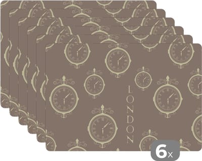 Placemat - Placemats kunststof - Londen - Klok - Patroon - Vintage - 45x30 cm - 6 stuks - Hittebestendig - Anti-Slip - Onderlegger - Afneembaar