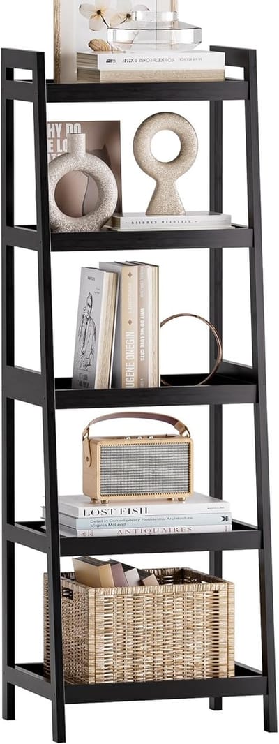 Bamboe Ladder Boekenkast, Badkamer Opbergrek Organisator, 5 Tier Vrijstaande Plant Display Stand Ruimtebespaarder Planken voor Slaapkamer, Keuken, Balkon (Zwart)