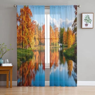 Herfstpark Transparante Gordijnen Voor Woonkamer Slaapkamer Keuken Tule Gordijn Huis Decoratieve Transparante Panelen 135W x 114H(cm) brown