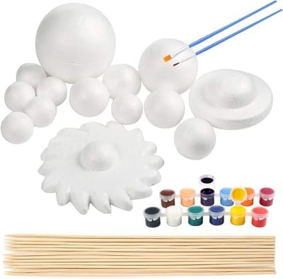 Set van 14 polystyreen ballen met 12 bamboestokken, 12 kleurpigmenten en 2 kwasten voor schoolprojecten en wetenschappelijke experimenten
