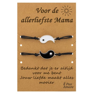Moeder Kind Armbandjes voor 2 "Voor de Allerliefste Mama" - Yin Yang - Vriendschapsarmbandjes met Persoonlijk Cadeau Kaartje - Zilverkleurig - Elastisch Verstelbaar - Pax Amare