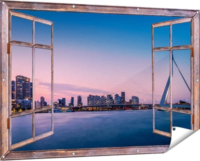 Gards Tuinposter Doorkijk Erasmusbrug in Rotterdam met Zonsondergang - 150x100 cm - Tuindoek - Tuindecoratie - Wanddecoratie buiten - Tuinschilderij