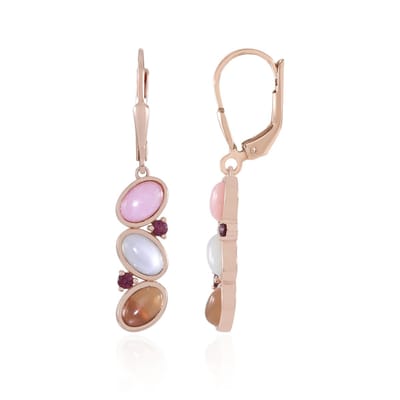 Cavill - Oorbellen 925 Sterling Zilver - 18K Roségoud Verguld - Ovale Maansteen Cabochon 3,42 Ct - Roze & Wit - Rhodoliet & Opaal - Elegant 36 mm