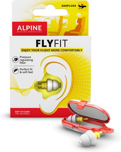Alpine FlyFit Vliegtuig Oordopjes 1 Paar - Drukregulerend - Voorkomt Oorpijn en Vermindert omgevingsgeluid - Inclusief Opbergdoosje - SNR 17 dB - Oordoppen voor Vliegen en Reizen - Geel