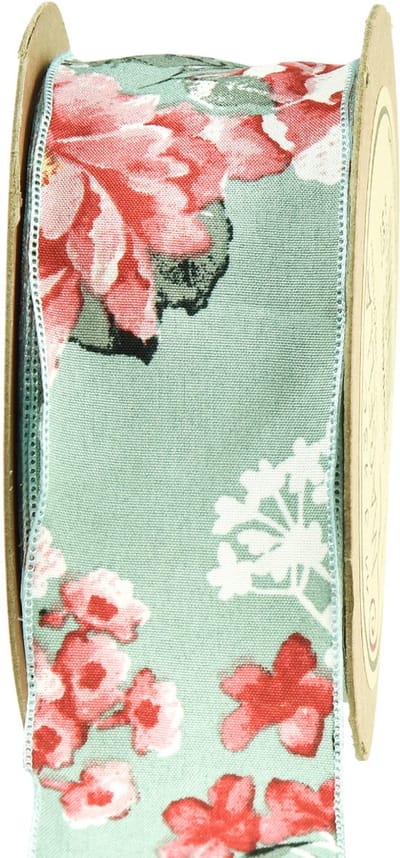 Cadeaulint bloemen stoffen lint turkoois rood 40mm 15m