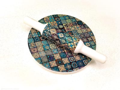 Marmer Roti Maker met Houten Belna Emaille Print/Wit Marmer Chakla 9 Inch Diameter met Belna (Gedrukt Emaille Chakla Belan) Designer