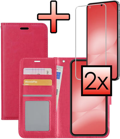 Hoesje - Met 2x Screenprotector - Geschikt voor Samsung Galaxy A56 - Luxe Pasjeshouder - Bookcase Portemonee - Flip Case - Kunstleer Book Case - Flipcase Hoes - Book Cover - Walletcase - Portemonneehoes - Donkerroze