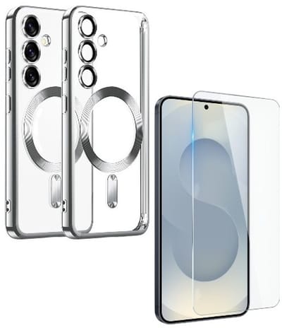 Backcover hoesje Geschikt voor: Samsung Galaxy S25 Plus - met 2x Screenprotector [magnetische hoes] compatibel met MagSafe Dames Heren - Zilver