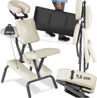 tectake® Opvouwbare Massagestoel - Tattoostoel - Ergonomische Kruk zonder Armleuning - Mobiele Draagbare Behandelstoel - Inclusief Draagtas voor Accessoires - Beige