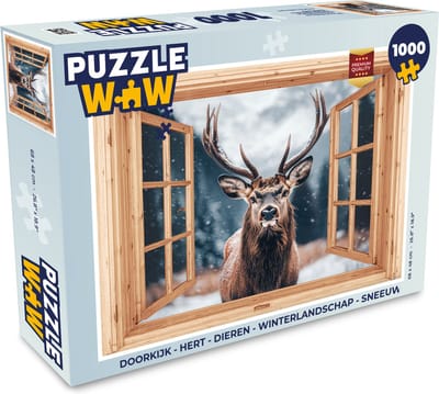 Puzzel Doorkijk - Hert - Dieren - Winterlandschap - Sneeuw - Legpuzzel - Puzzel 1000 stukjes volwassenen