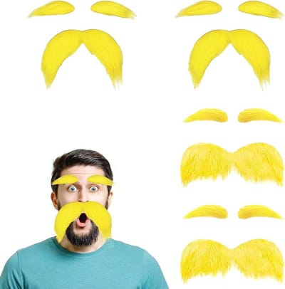 Geel Nep Snor en Wenkbrauwen Set voor Feestjes, Halloween, en Verkleedpartijen - Inclusief Lijm en 2 Sets voor een 80's Look