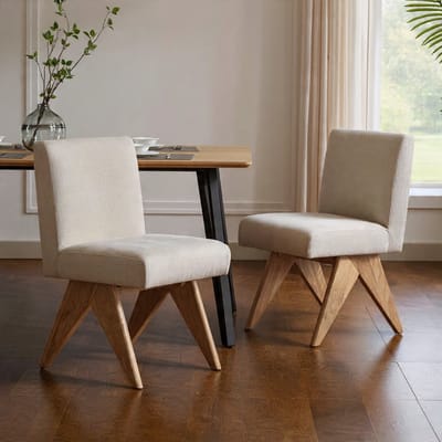 Vintage Eetkamerstoelen Set van 2 – Chenille Stoffen Polster Stoelen Zonder Armleuningen – Moderne Akzent Stoelen met Houten V-Poten – Beige – 60 x 46 x 86 cm – Novihome