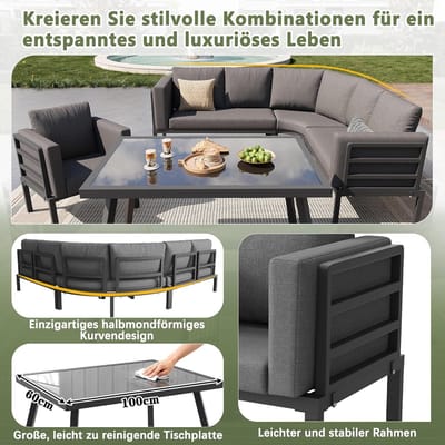 Halve Maan Loungeset Tuin 8 Personen 5-Delig met Glazen Tafel, Stoel en Krukken – Weerbestendige IJzeren Tuinset met 8 cm Dikke Kussens Grijs – Laura
