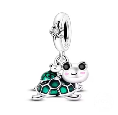 Fler® | Bedel | Past op populaire bedelarmbanden (standaard - 3mm) | Schildpad met Baby Bedel | Hangbedel Charm | 925 sterling zilver | Transparante & Zwarte Zirkonia |Groene, Roze & Zwarte Emaille |Valentijnsdag Cadeau |Sinterklaas kado |Kerstcadeau