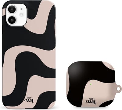 xoxo Wildhearts telefoonhoesje geschikt voor iPhone 11 met AirPods 3 hoesje - set - Ride With Me - Double Layer - Telefoonhoesje met dubbele beschermlaag - Golvend patroon case - Zwart en beige