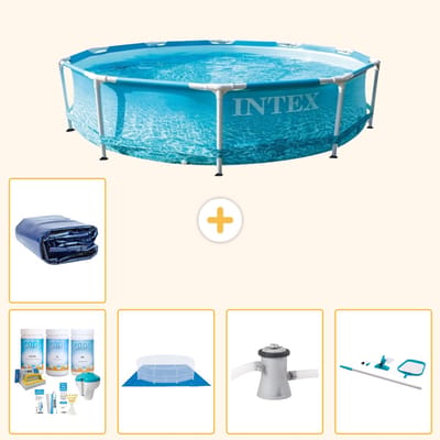 Intex Rond Frame Zwembad - 305 x 76 cm - Waterprint - Inclusief Onderhoudspakket - Grondzeil - Zwembadfilterpomp - Schoonmaakset - Solarzeil - 6-delig