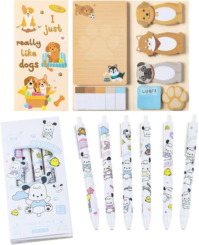 Schattige honden schrijfset met 440 vellen honden plaknotities, 6 balpennen en leuke kantoorbenodigdheden voor school en cadeau voor kinderen