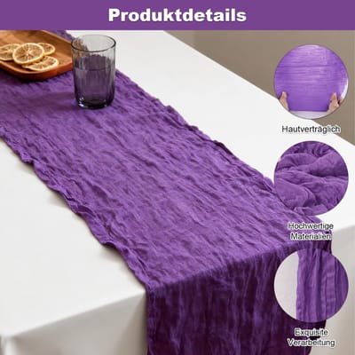 Tafelloper, 2 stuks rustieke gaasstof, 80 x 300 cm, rustieke doorzichtige loper voor boho, bruiloftsdecoratie, verjaardagsfeest (paars)