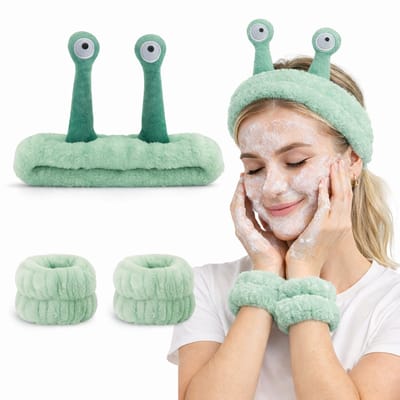 BOTC Haarband - Cosmetische hoofdbanden - Spa Hoofdband & Polsbandjes Set - Slakmotief - Koraalfleece - Elastische - Groen