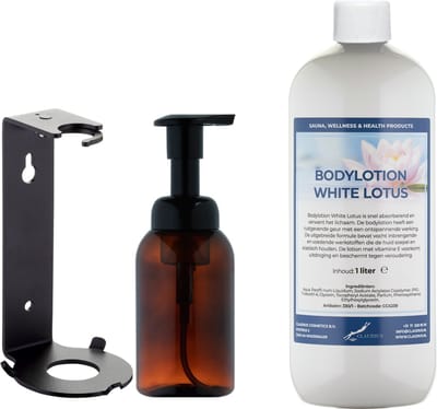 Zeepdispenser 300 ml amber bruin hervulbaar + 1 liter Bodylotion White Lotus navulling (inclusief beugel)