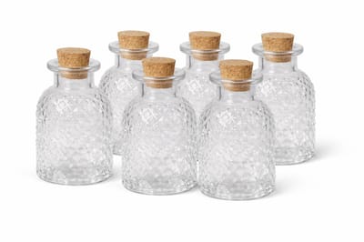 Set van 6 Glazen Flesjes 100 ml – Met Kurken Dop – Ø 5,5 x 10 cm – Herbruikbaar & Decoratief – Voor DIY Cadeaus, Olie, Kruiden, Likeur & Bruiloft Bedankjes – Transparant Glas