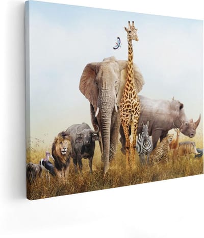 Artaza Canvas Schilderij Safaridieren - 50x40 cm - Wanddecoratie Leeuw En Zebra - Muurdecoratie Afrika - Kamer Accessoires