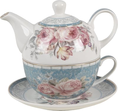 Clayre & Eef Tea for One 400 ml Blauw Wit Porselein Bloemen