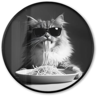 Poster in lijst Rond - Fotolijst 60x60 cm - Posters - Langharige kat - Zonnebril - Spaghetti - Humor - Zwart - wit - Ronde posterlijst zwart - Decoratie - Wanddecoratie woonkamer - Muurdecoratie slaapkamer