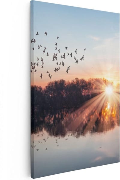 Artaza Canvas Schilderij Zonsondergang - 40x60 cm - Wanddecoratie Vogels - Muurdecoratie Natuur - Decoratie Meer