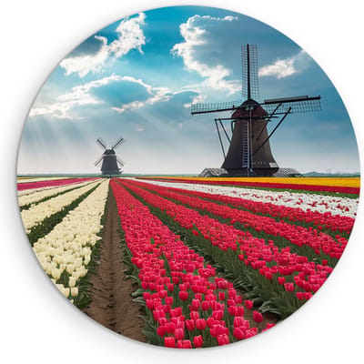 Saammp Muurcirkel Hout - Kleurrijk Tulpenveld - Natuur - Landschap - Ø 90 - Wandcirkel - Wanddecoratie Cirkel - Muurdecoratie Woonkamer - Slaapkamer decoratie - Rond Schilderij