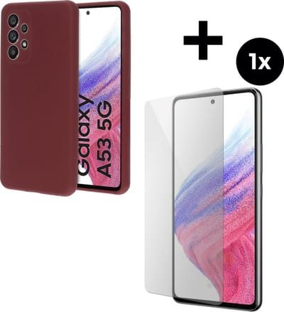 Mobiparts Silicone Cover hoesje geschikt voor Samsung Galaxy A53 (2022) 5G met 1 Screenprotector van Gehard Glas - Paars/Red