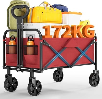Opvouwbare Bolderkar - Tot 172 kg Draagkracht - Strandkar met 360° Draaibare Brede Wielen - Voor Camping, Tuin, Festival & Strand - rood