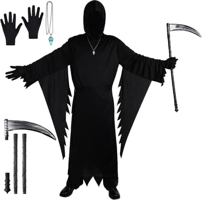Horror en Spook Kostuum voor Volwassenen met Zeis, Masker en Luminous Schreeuw Kraag voor Feestjes en Halloween