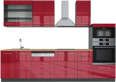 Vicco Fame-Line Complete keukeneenheid – 300 cm met hoge kast, WB Eik Bordeaux hoogglans/antraciet