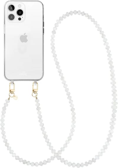xoxo Wildhearts siliconen hoesje geschikt voor iPhone 16 Pro Max - Dusty White - Lang koord - Telefoonhoesje - Hoesje met koord - Kralenketting - Wit telefoonkoord - Transparant hoesje