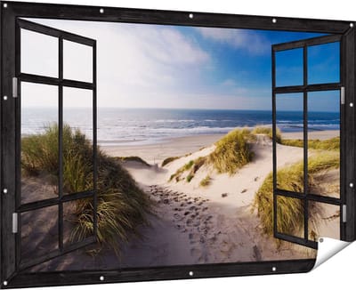 Gards Tuinposter Doorkijk Strand en Duinen - 180x120 cm - Tuindoek - Tuindecoratie - Wanddecoratie buiten - Tuinschilderij