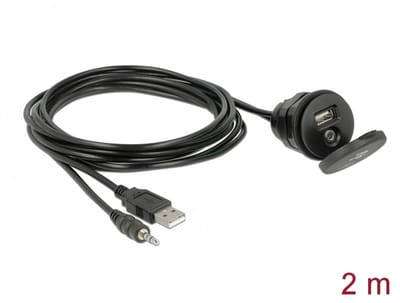 Delock Cable USB Type A male + 3.5 mm 4 pin stereo jack male > female bulkhead with closure cap USB Type A female + 3.5 mm 4 pin female (audio) 2 m black