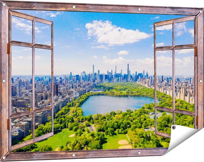 Gards Tuinposter Doorkijk Central Park in New York met Wolkenkrabbers - 120x80 cm - Tuindoek - Tuindecoratie - Wanddecoratie buiten - Tuinschilderij